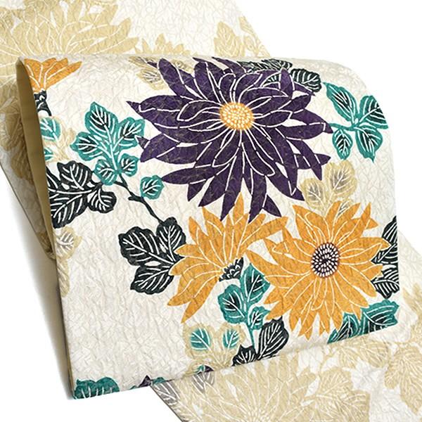 Prices down4）洒落 袋帯「薄ベージュ 菊花」紬 未仕立て 栗山吉三郎