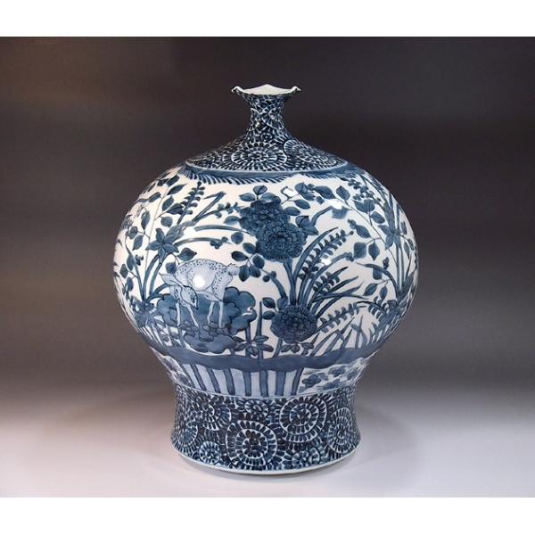 花瓶□城楽 窯院 人物 魚耳付き 染付け 唐草 花器 古玩 時代物 骨董品