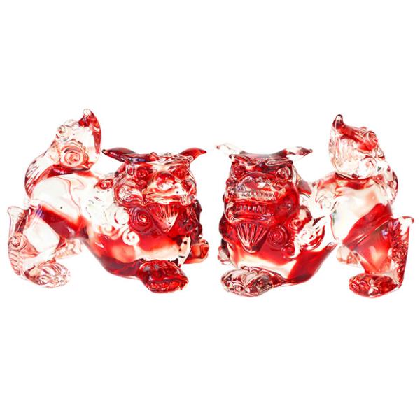 沖縄土産 シーサー 置物 玄関 ペア ガラスシーサー ガラスシーサー 赤