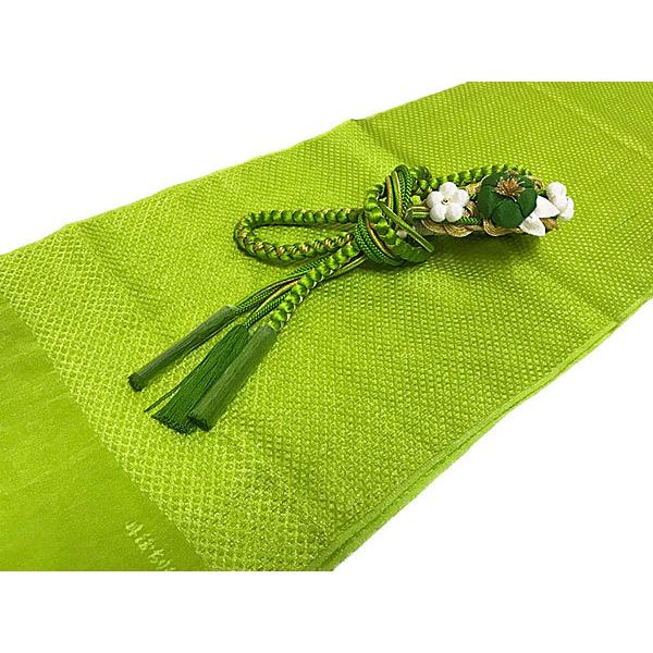 帯締め帯揚げセット 振袖 黄緑 正絹 ふくれ織 丹後ちりめん ラメ入り