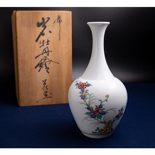 人間国宝 今泉今右衛門 錦岩牡丹絵花瓶 在銘 共箱 櫛