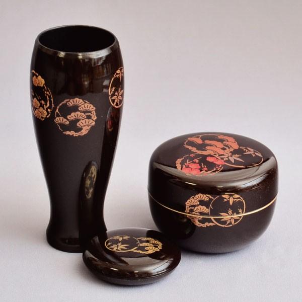 茶箱用棗 茶道具 P.C.製 茶箱用 溜塗花丸蒔絵棗 三点セット : 茶道具