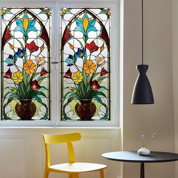 ガラスステッカー ステンドグラス 教会風 花瓶 フラワー パターン