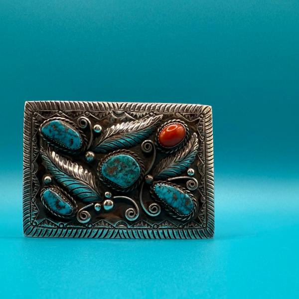 ターコイズとコーラルのコンビバックル インディアンジュエリー