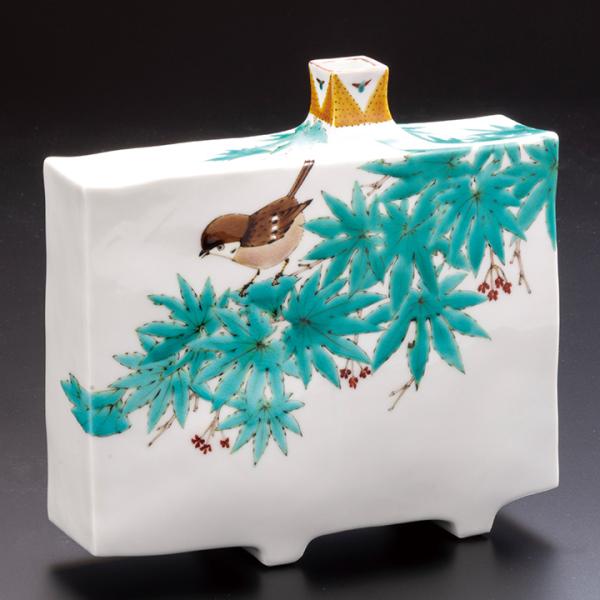 九谷焼山田義明作色絵花図花瓶共箱G R4611C