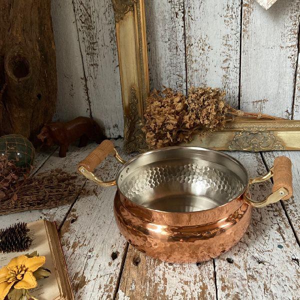 ≫80-90s ヴィンテージ 未使用*古い純銅 槌目 両手鍋20cm*ウッド 木の