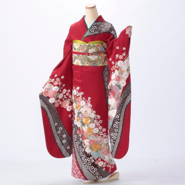 京都きもの友禅 振袖 中古 フルセット 成人式 Lサイズ 絞り 赤・ワイン