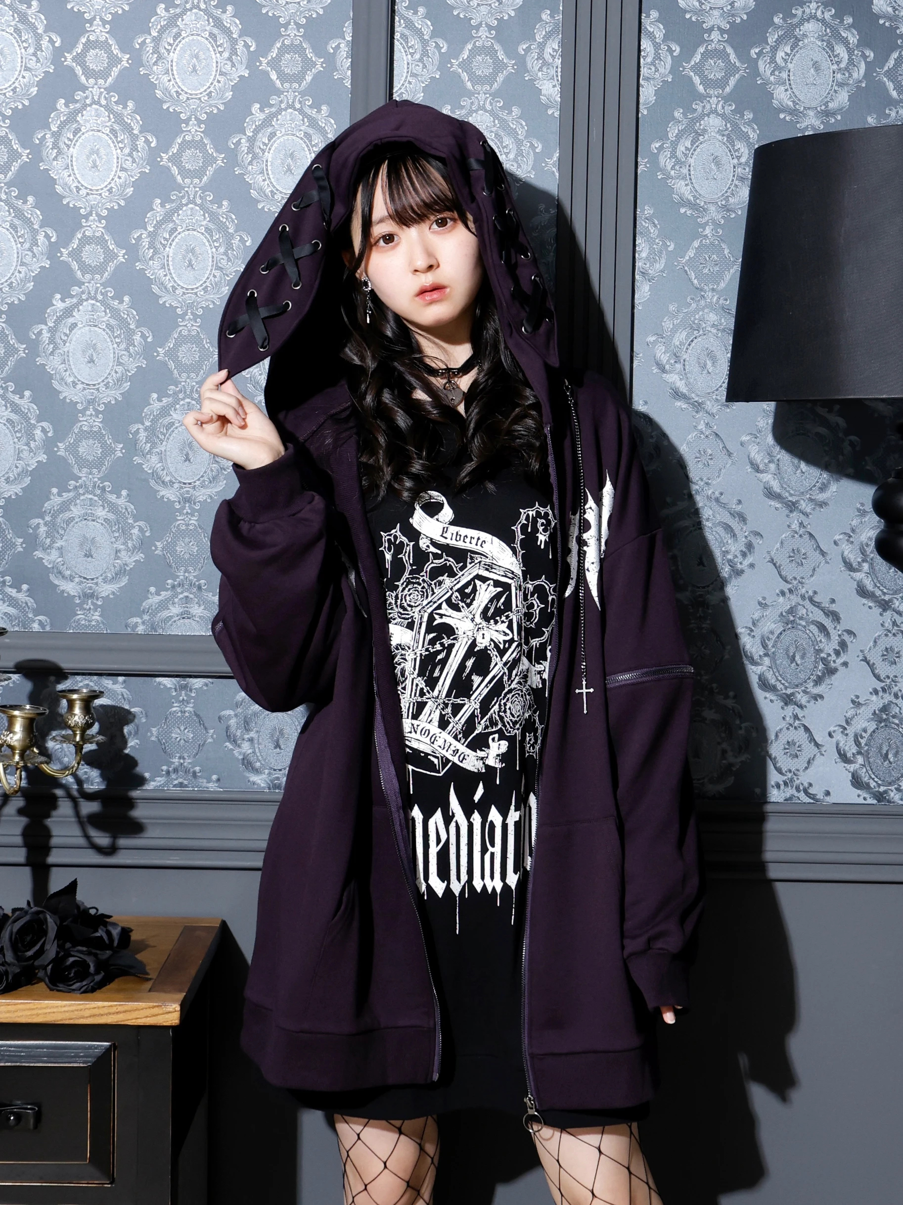 2WAYうさ耳ユニセックスZIP裏毛パーカー（パーカー｜黒・紫・オフ