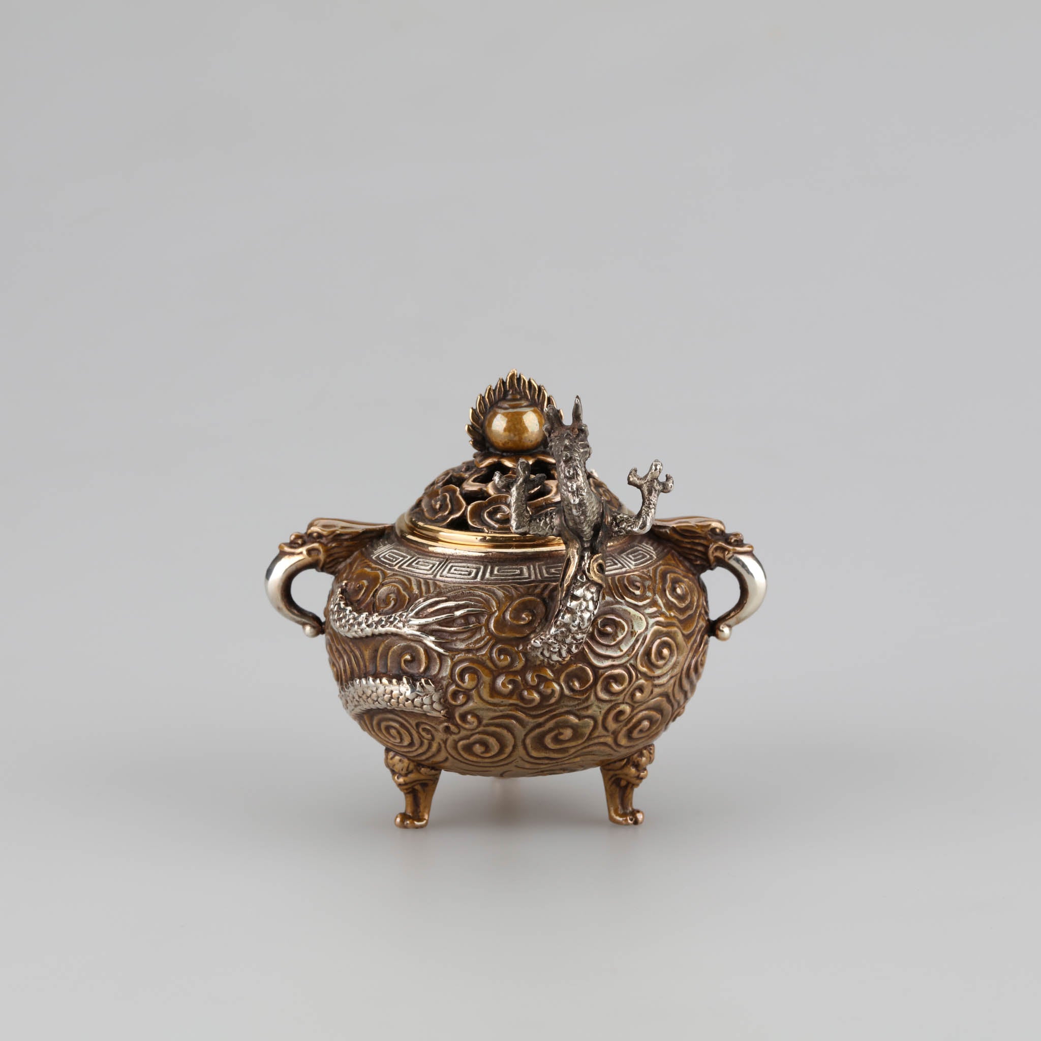 新品 香炉 一乗 銘 桐箱付き 銅錫製? 双竜 龍 伝統金属工芸品 風水