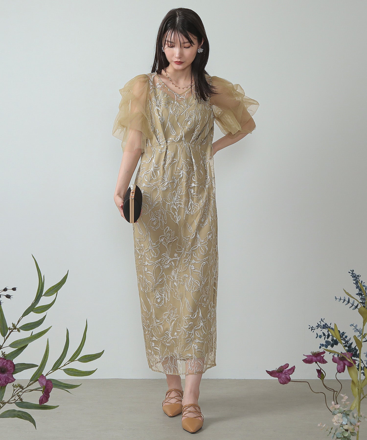 刺繍レース チュールスリーブ パーティードレス