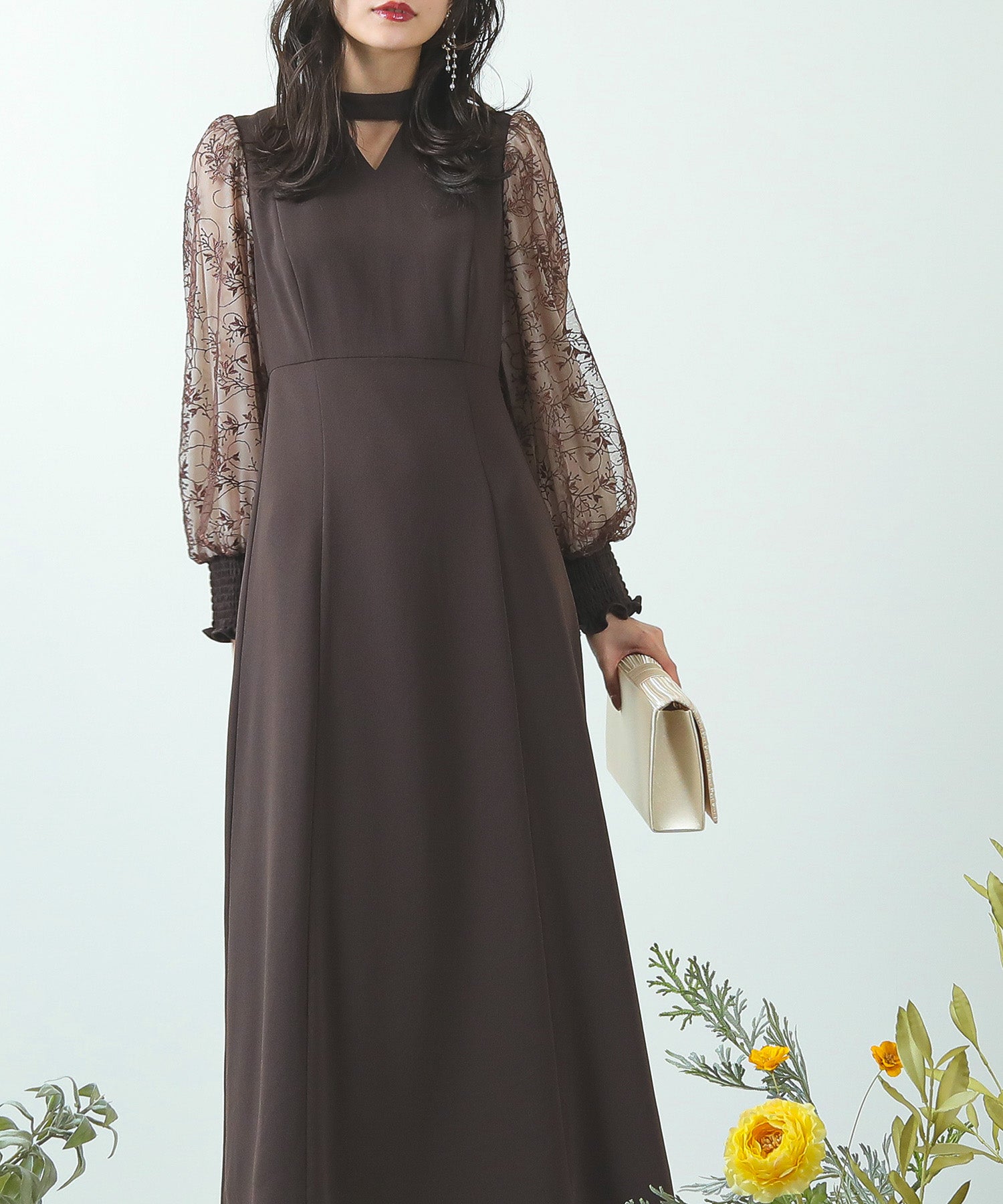 刺繍 シアー トライアングルデザイン ワンピース ドレス