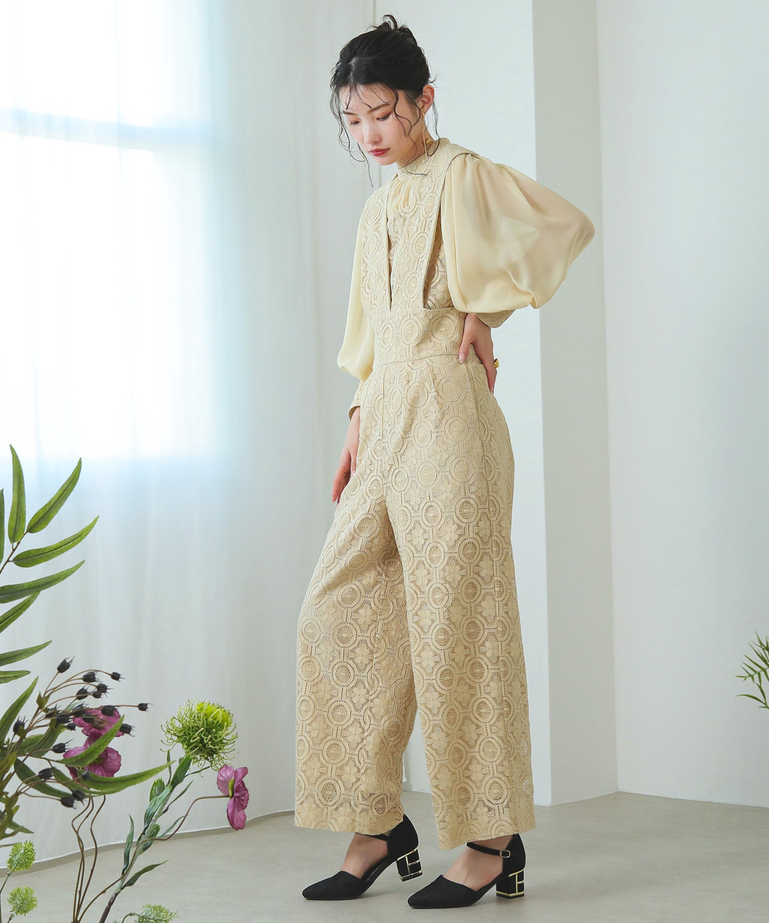 幾何学柄 レース セットアップ パンツ オケージョンドレス