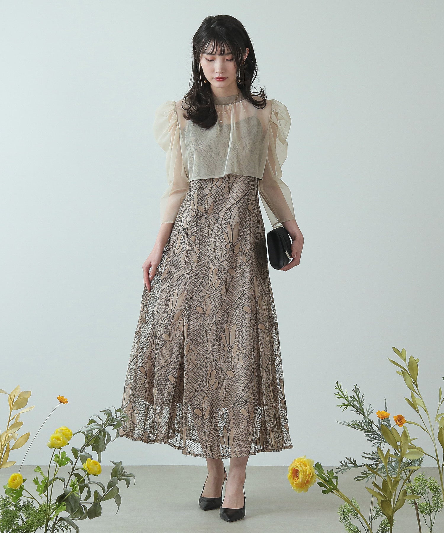 チュールボレロ ざっくりレース 3way フレア キャミワンピース 結婚式