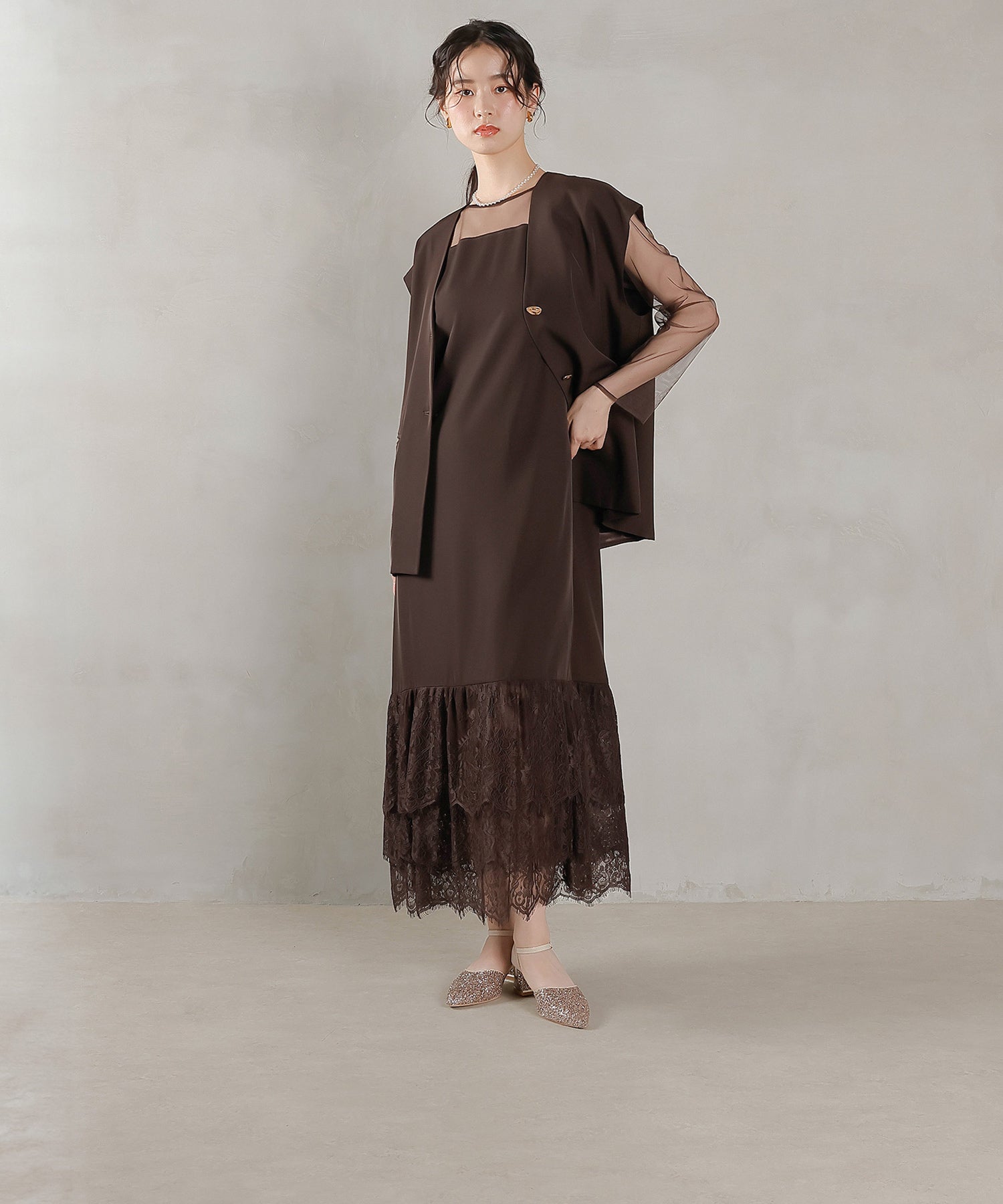 ジレ×レース フリルワンピース 2点セット パーティー ドレス