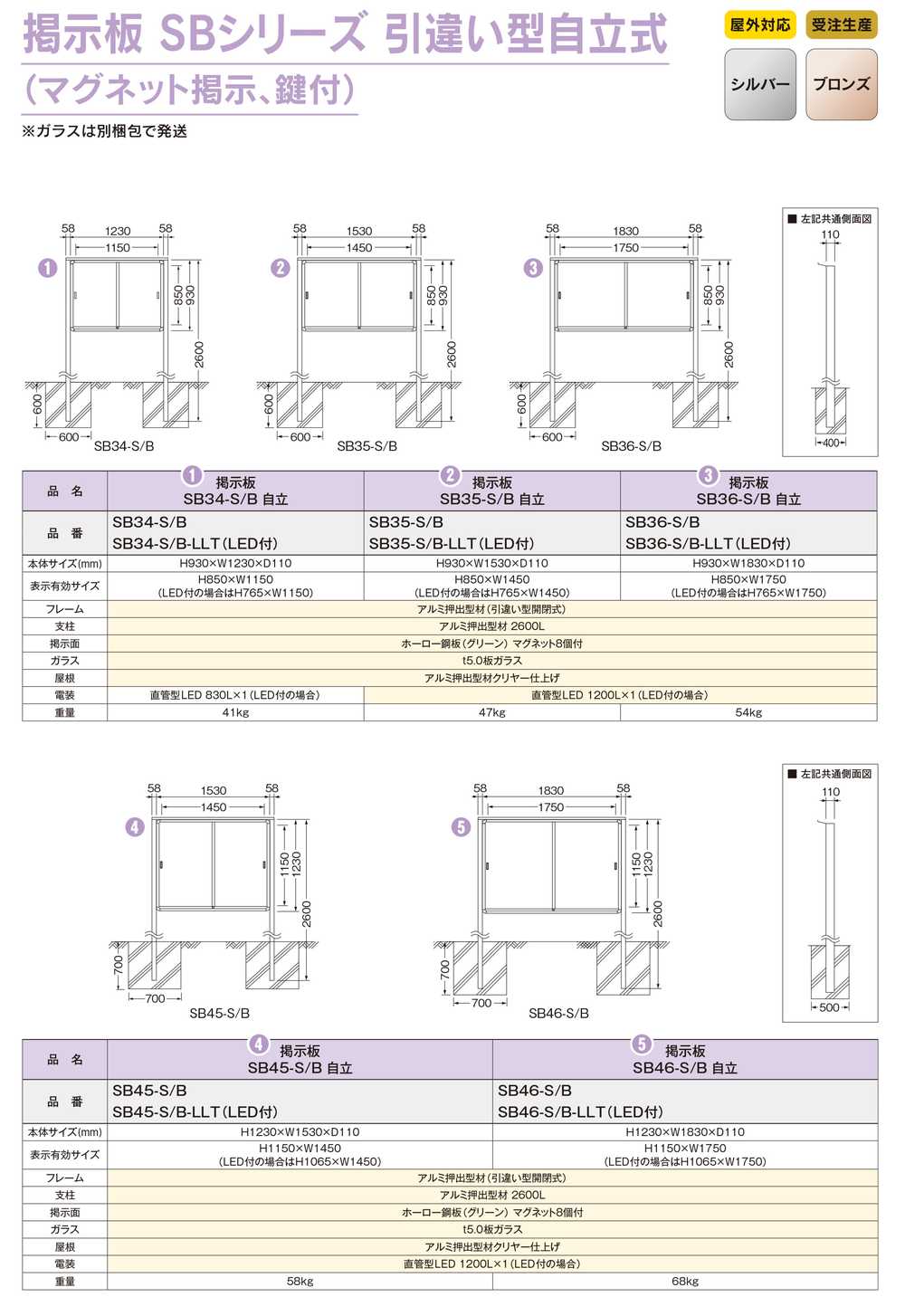 三和サインワークス 掲示板 SB34-S 自立(LED付) SB34-S-LLT シルバー