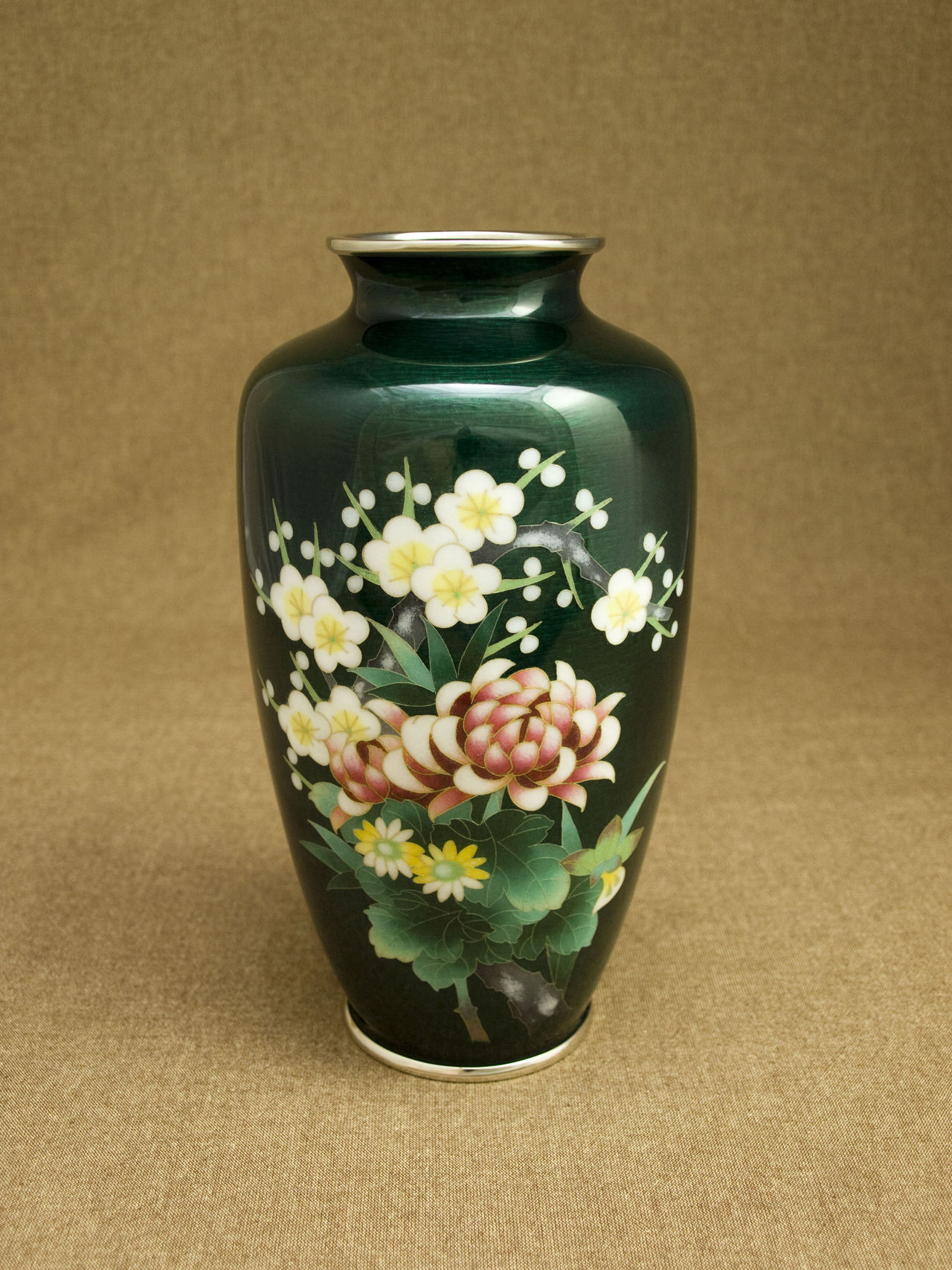 四君子文花瓶 フラワーベース 七宝焼 箱付き 七宝焼 紺釉 四君子文