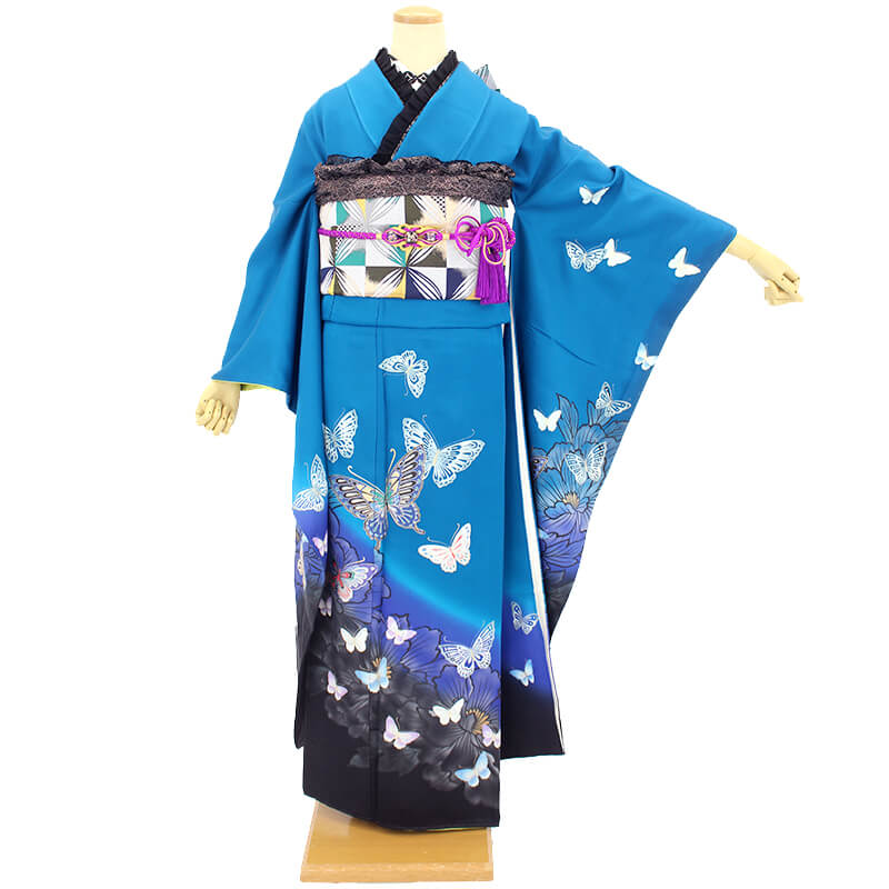 振袖一式青色 花柄 蝶刺繍 振袖レンタル｜成人式｜振袖 青 蝶々