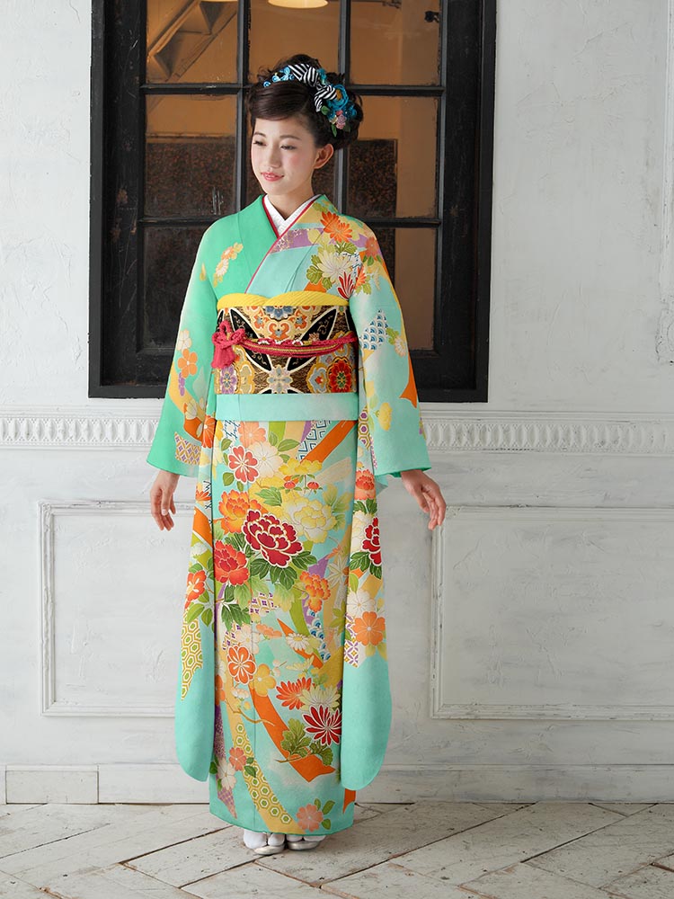 382 振袖フルセット 正絹 カーキ 茶 金彩 暈し染め 鈴乃屋 シック