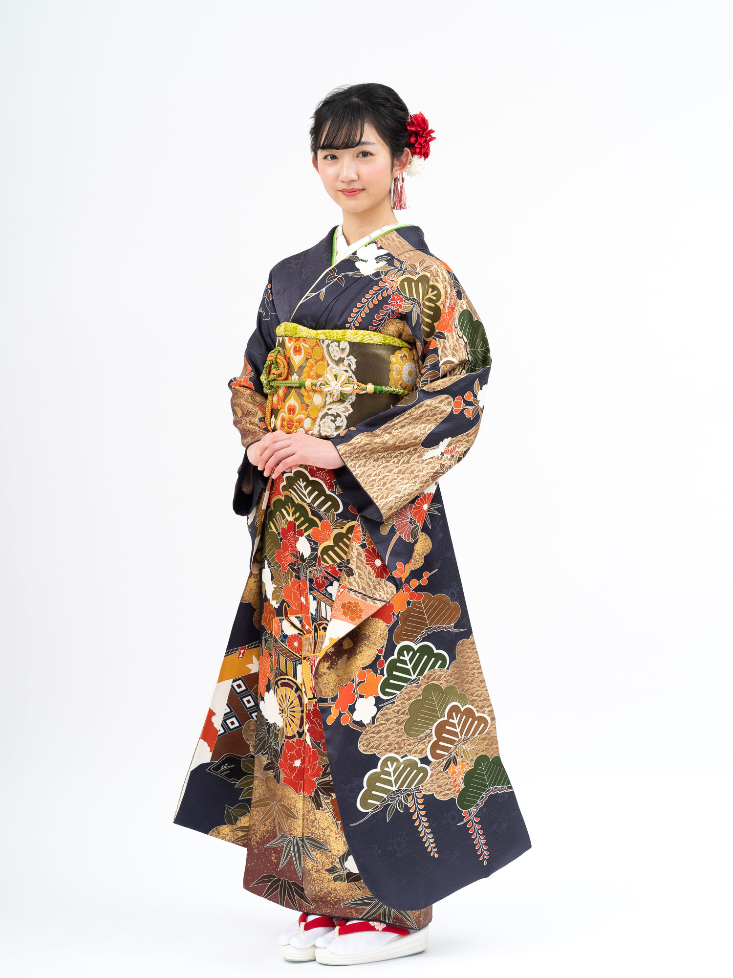 京友禅の高級振袖レンタル】御所車・古典柄・グレー系 LLサイズ・品番f