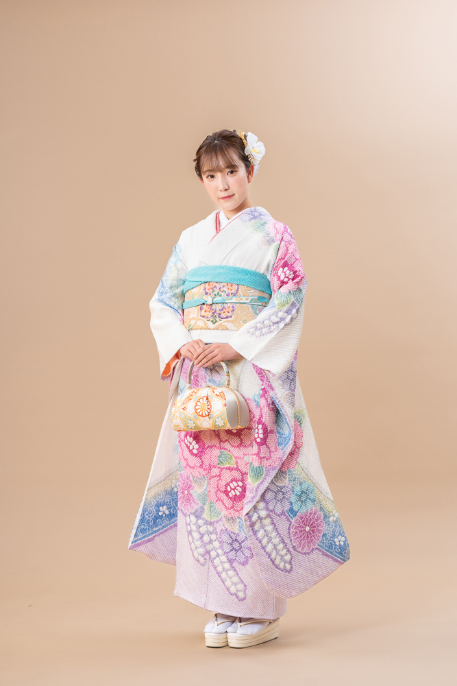 翼付き 振袖 藤×雲取り 花車 金彩 ピンク×藤色 身丈155 裄