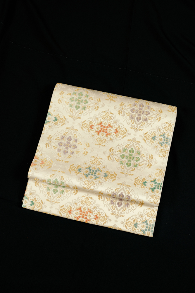 桂由美 やまと誂製 唐織 華紋 熨斗 袋帯 正絹 金 黄緑 白 紫