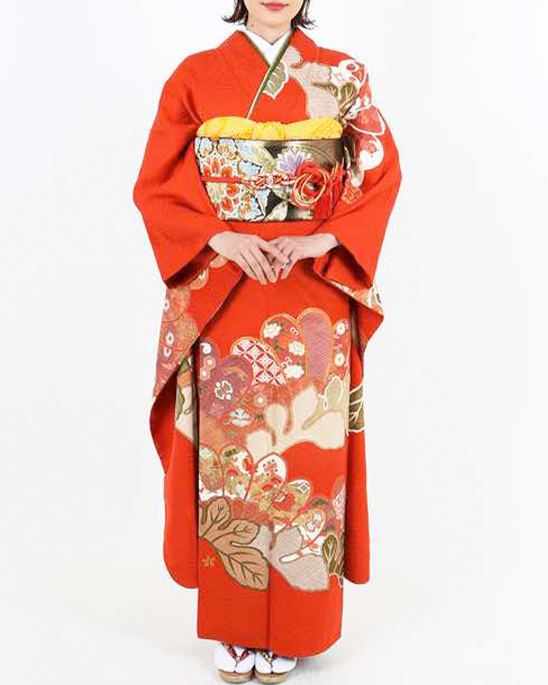 振袖 | 朱色に吉祥文様の葉 | 着物ネット通販・宅配レンタルのきもの遊美