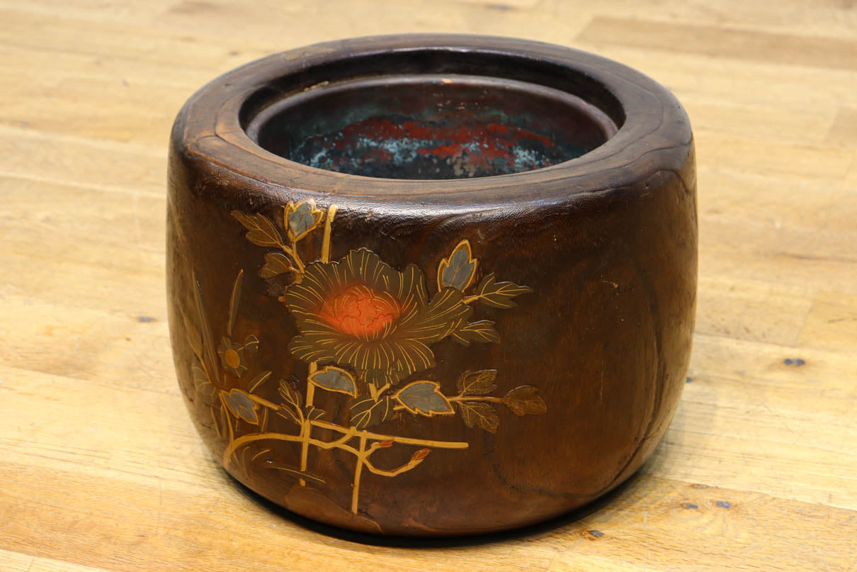 天然木 くり貫き 火鉢 銅版落とし ＊ アンティーク 古民家 切株 茶道具