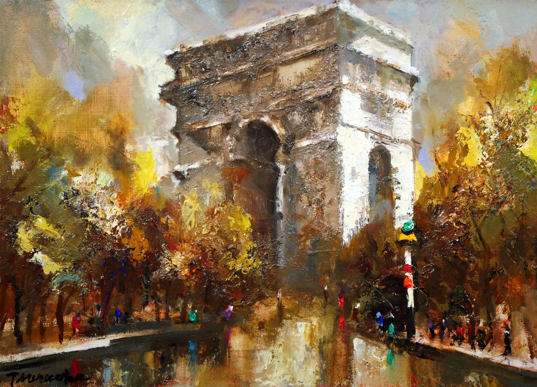 鶴岡義雄「雨后の凱旋門（パリ）」油絵・F4号 絵画買取・販売の小竹美術