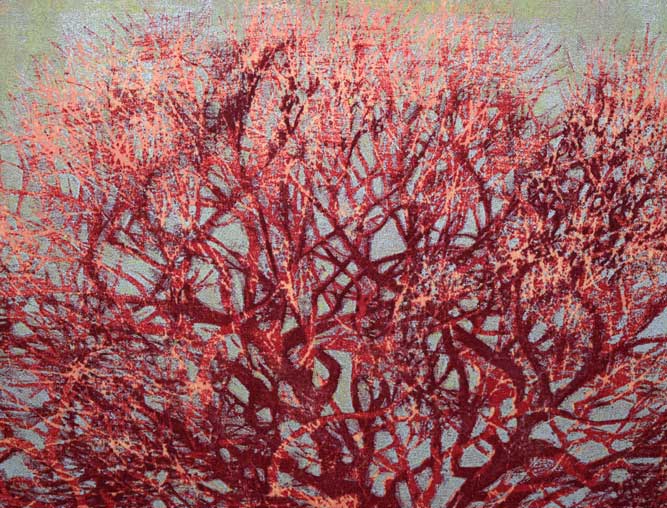 星襄一「梢（赤）」木版画 直筆サイン入り 1973年作 額縁入り 樹の木版