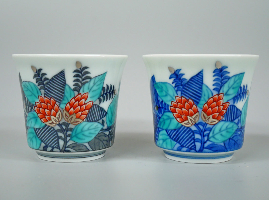 十四代今泉今右衛門「色絵墨色・藍色墨はじき草花文酒器（3点1組）」共