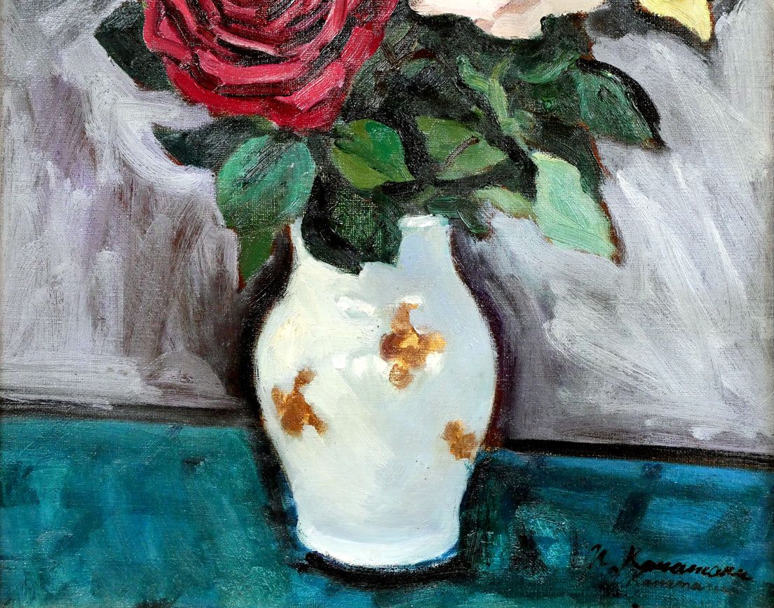 画家菊地正則「三輪のバラ」(ピエールロンサン)絵画 油彩画 額付き F4