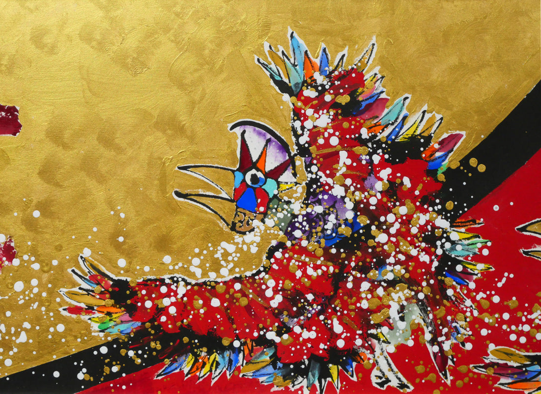 城本敏由樹「福鳥と赤富士（天上天下唯我独尊）」墨・彩色画・60号大