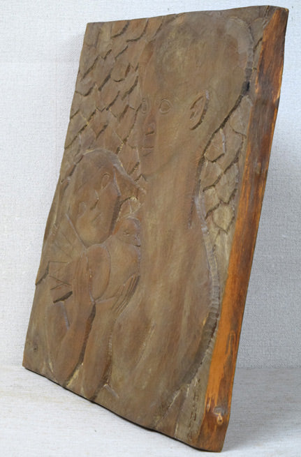 本田明二「母と子」木彫レリーフ作品 絵画買取・販売の小竹美術