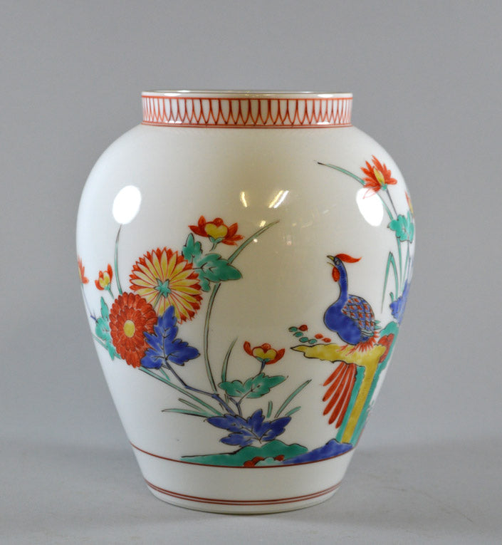 国重要無形文化財 十三代酒井田柿右衛門 錦菊鳥文花瓶 共箱 本物保証