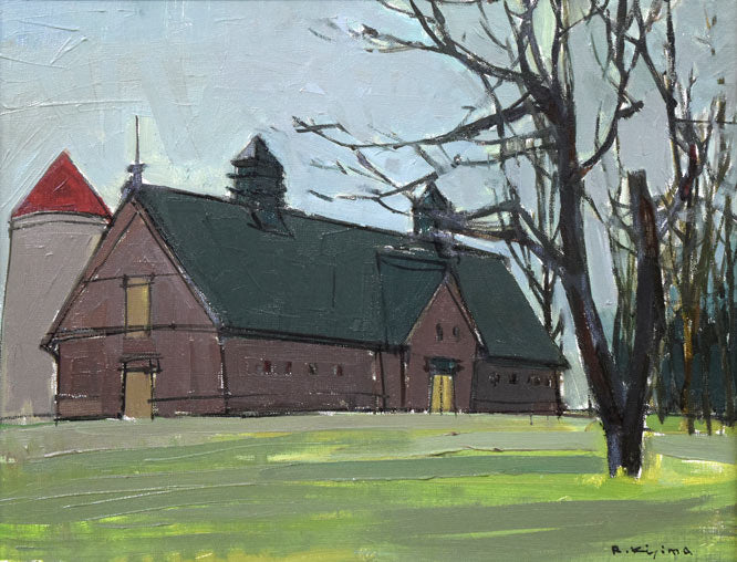 木嶋良治「サイロのある風景」油絵・F6号 絵画買取・販売の小竹美術