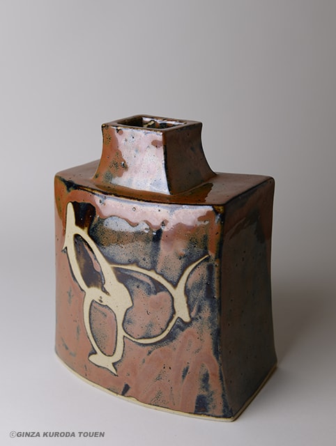 浜田庄司 柿釉きび文角瓶 人間国宝 民藝 R1408K3 濱田庄司作「