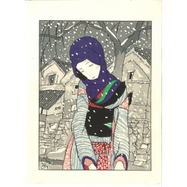 ⭕️竹久夢二 [雪の日] 木版画 版元 港屋 未展示の美品 ⭕️竹久夢二