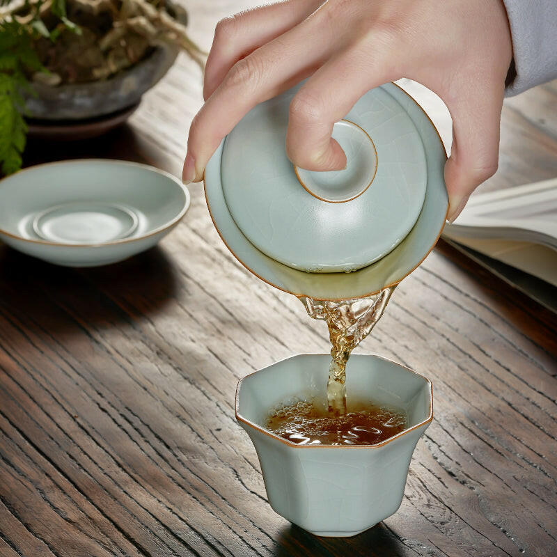 中国 汝窯 天青釉 茶入 茶壷 蓋・仕覆付 時代箱 M