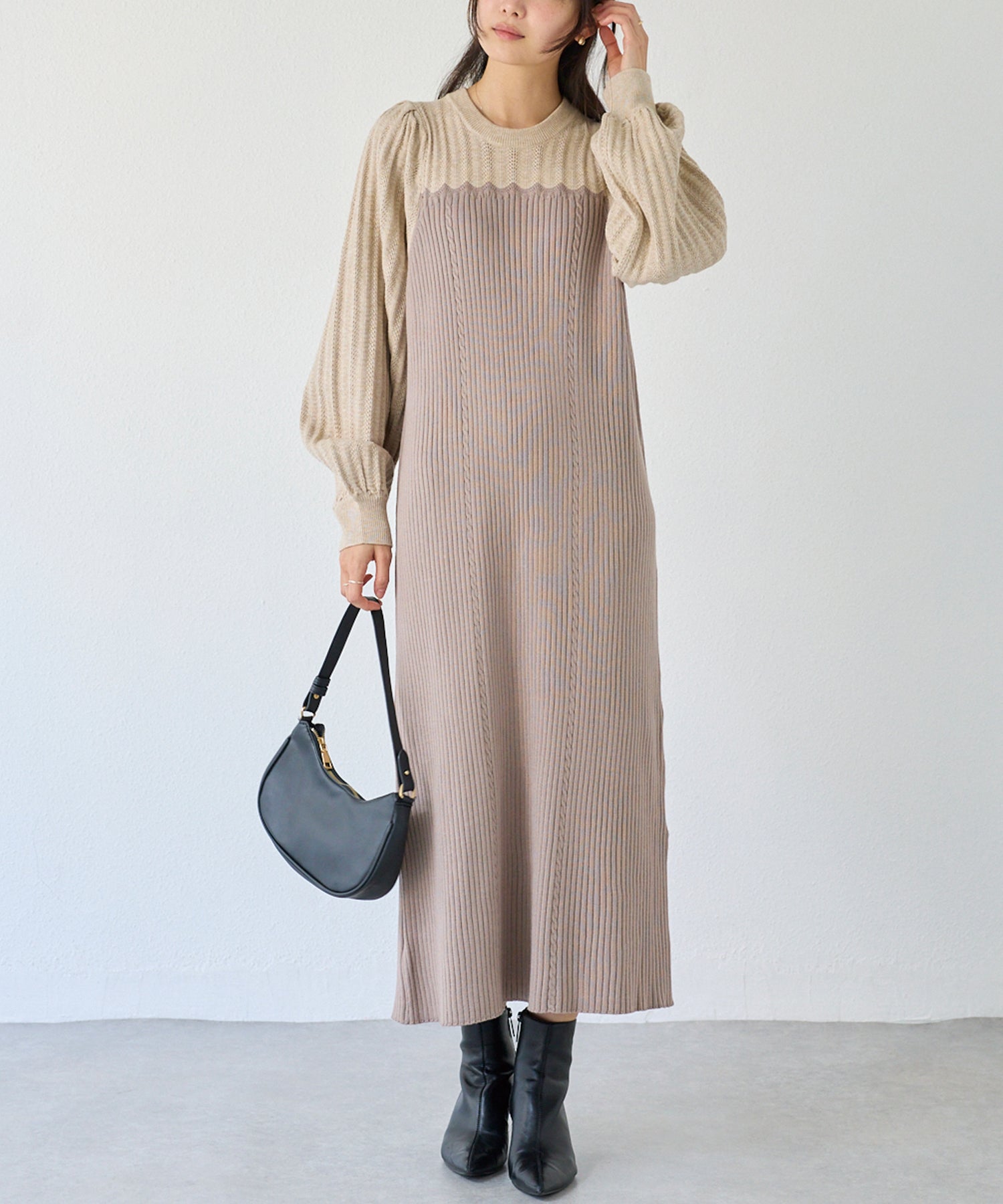 洗える】透かし編み切替ニットワンピース | ラビアンジェ-⼤きいサイズ