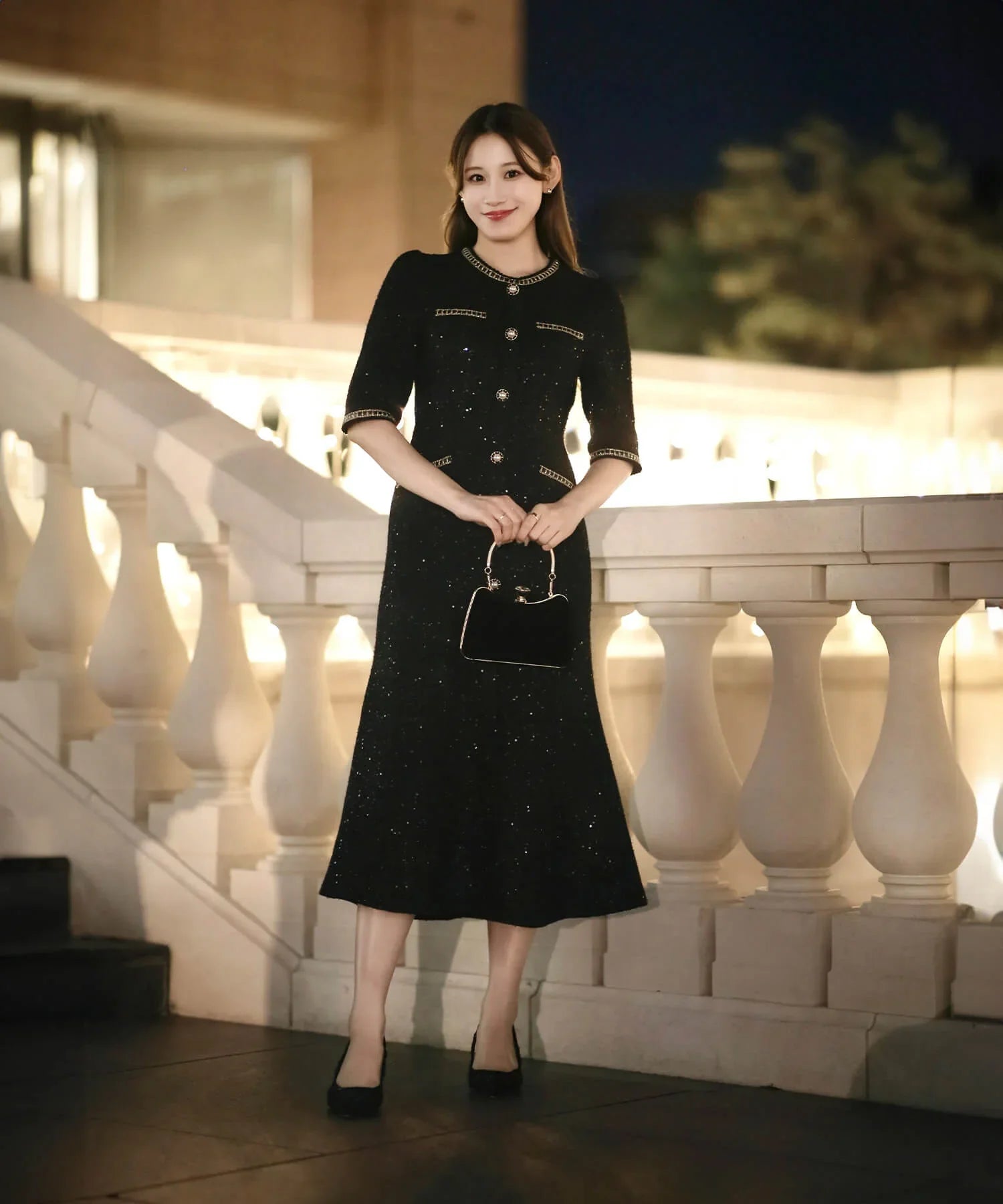 leja ツイードドレス Leja ドレス 「LEJA」ラメ混ツイードレザー