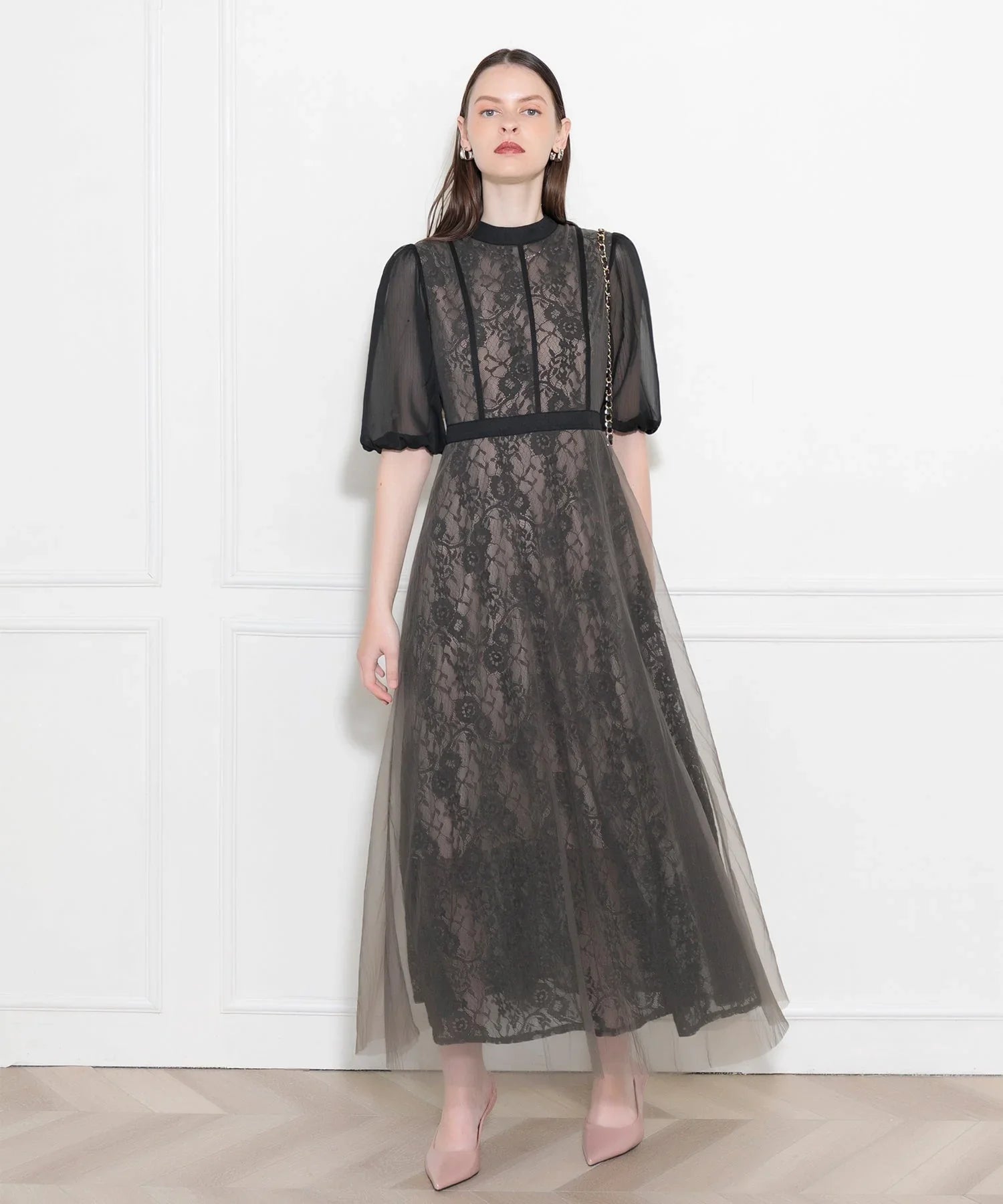 当日発送】ハイウエストチュールレースAラインドレス/パーティードレス