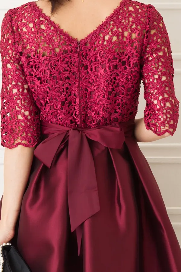 レース切替タックフレア半袖ワインレッドミニドレス | Dorrydoll | M