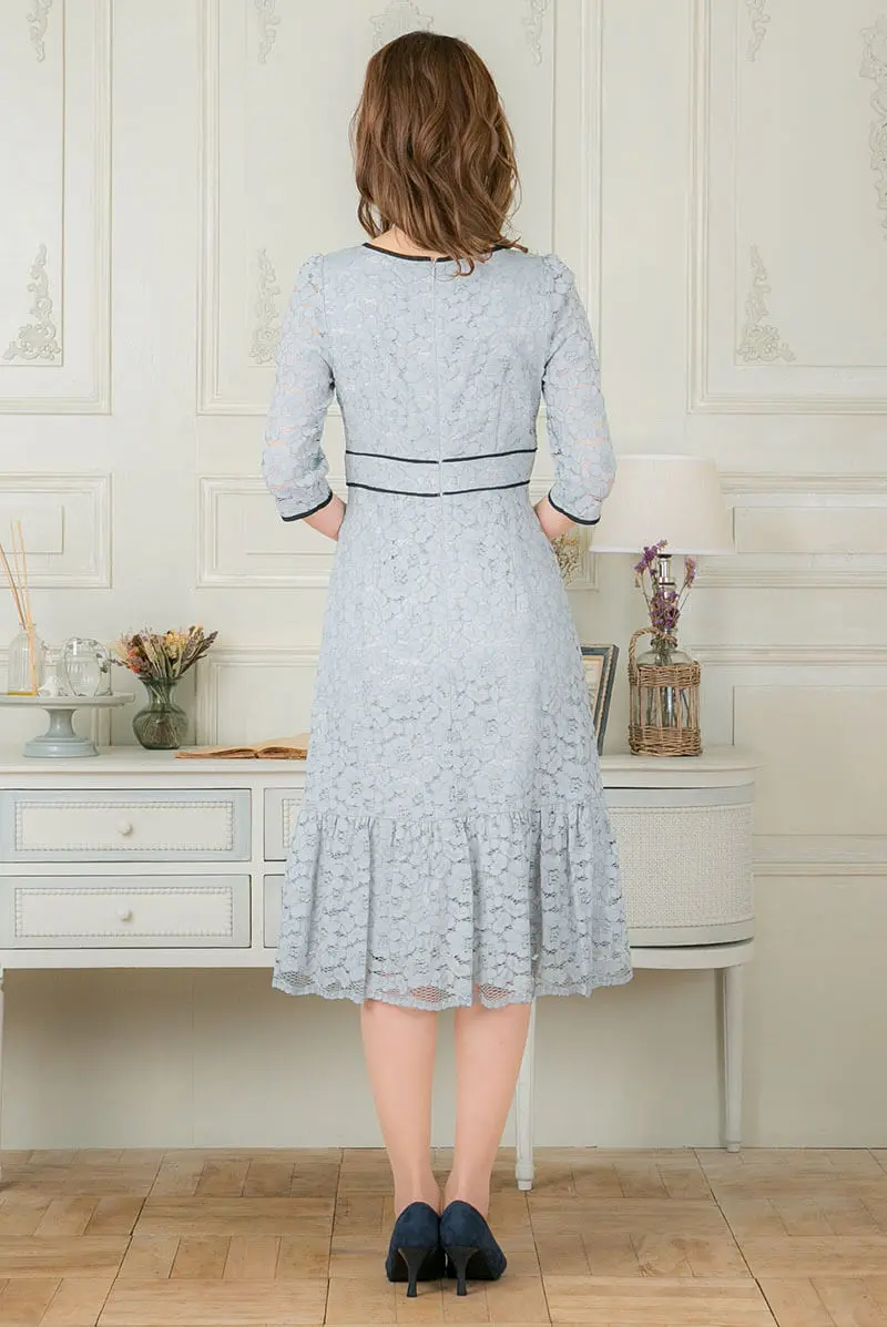 サックスブルーの配色パイピングレースドレス | GIRL | M | 結婚式