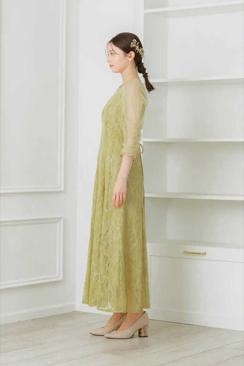 イエローのギャザースリーブレースドレス | Dorry doll | M | 結婚式