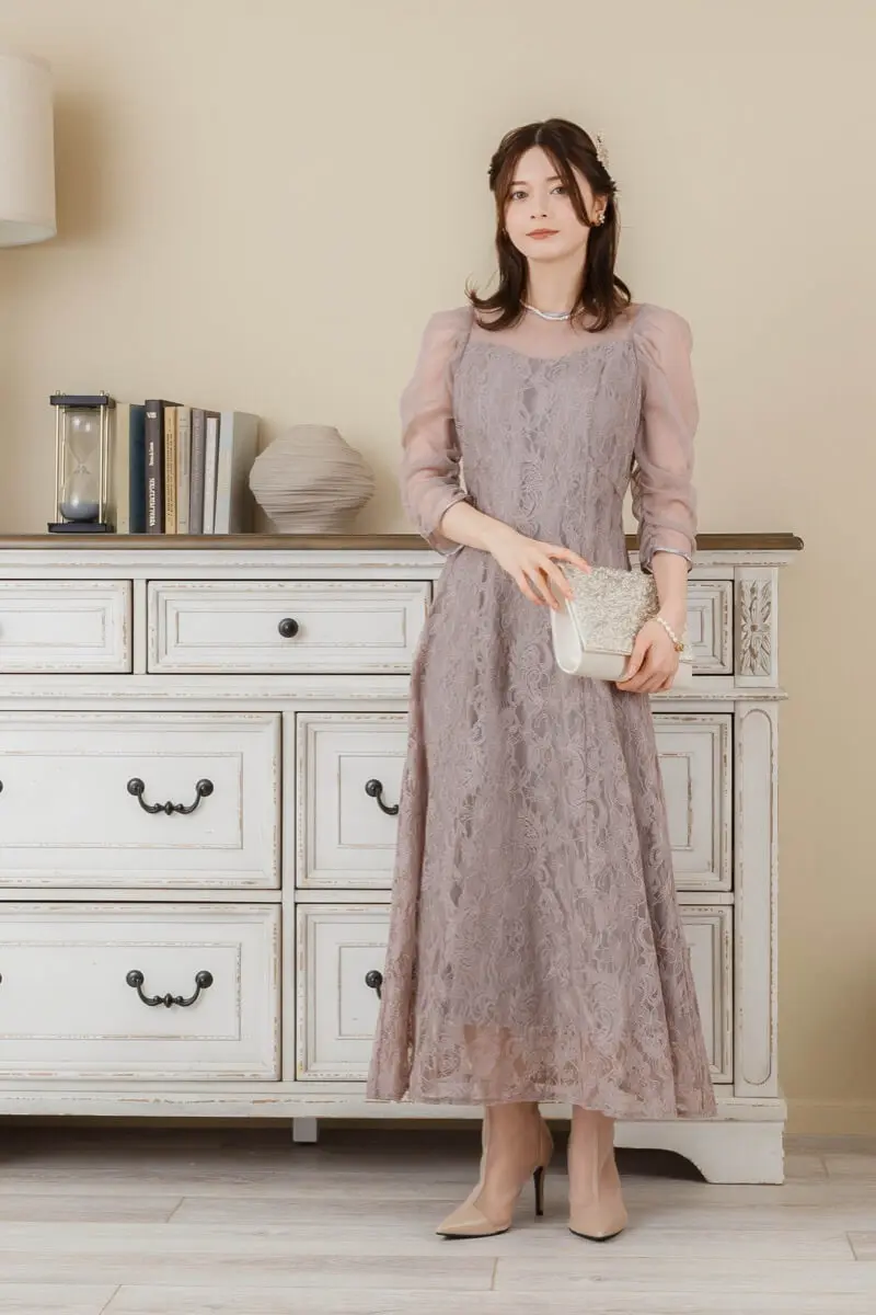 グレージュのギャザースリーブレースドレス | Dorry doll | M | 結婚式