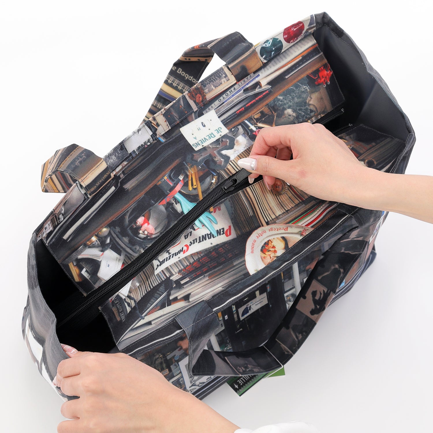 パリ柄】ファスナー付きレトロバッグ（大）（Photographie/写真屋