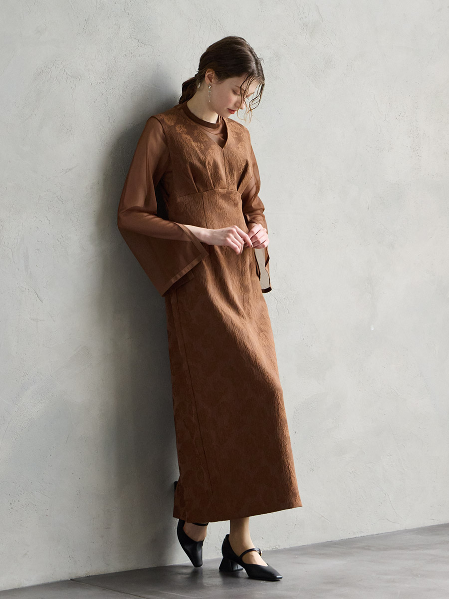 チュールブラウス付きジャカードIラインドレス(S イエローベージュ