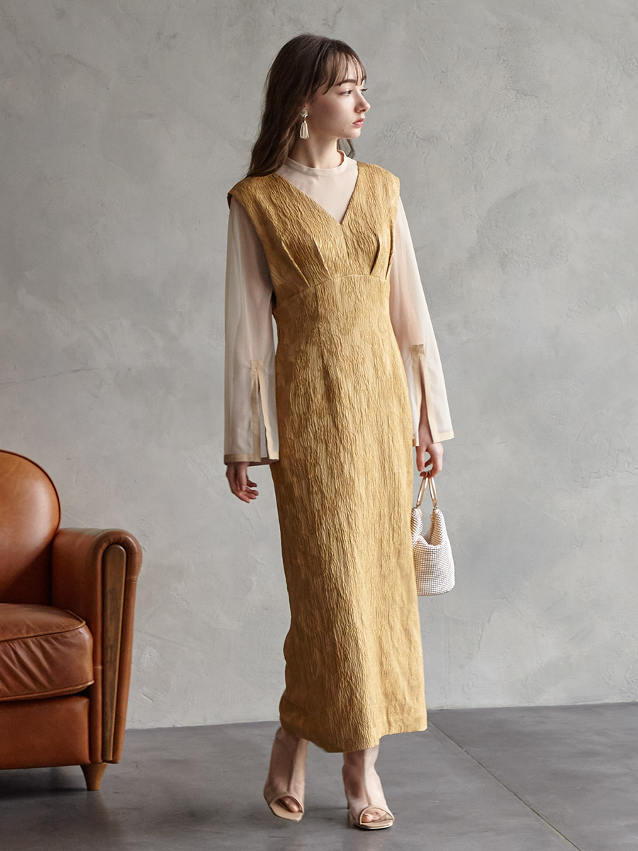 チュールブラウス付きジャカードIラインドレス(S イエローベージュ