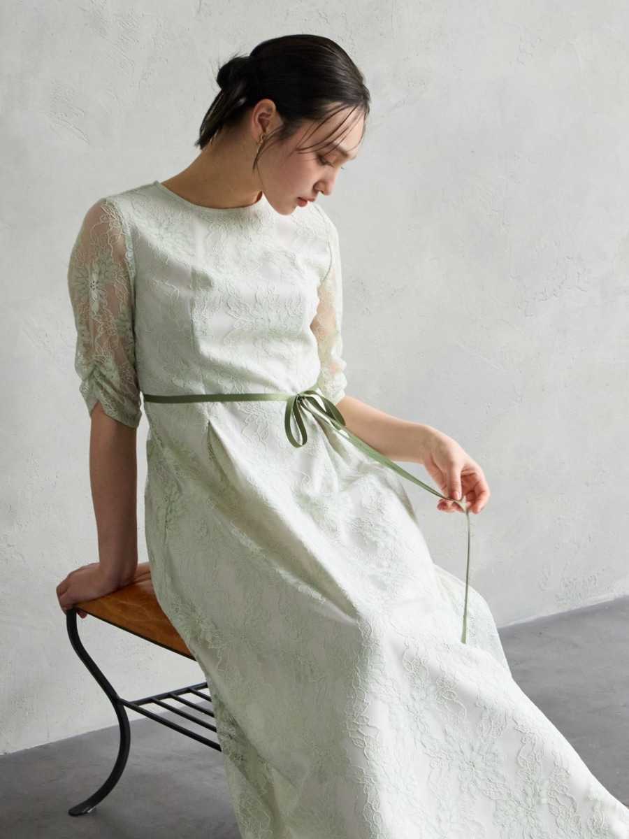 サテンリボンベルトラメレースドレス(S ピンクベージュ): AIMER | エメ