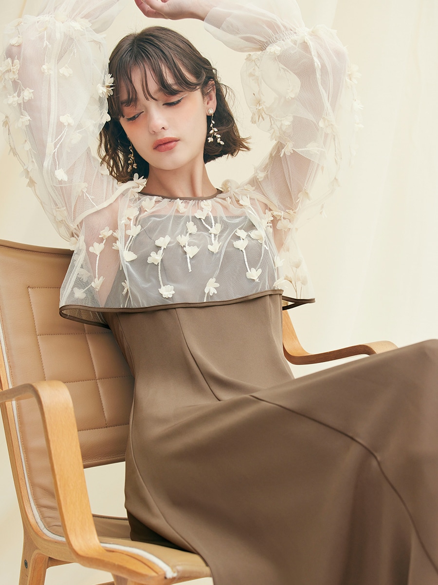 3Dフラワー刺繍ボリュームスリーブブラウス×フィット＆フレア